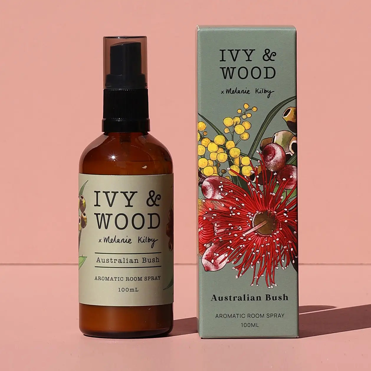 Ivy & Wood Australian Bush aromatic room spray bottle and packaging on a pink background