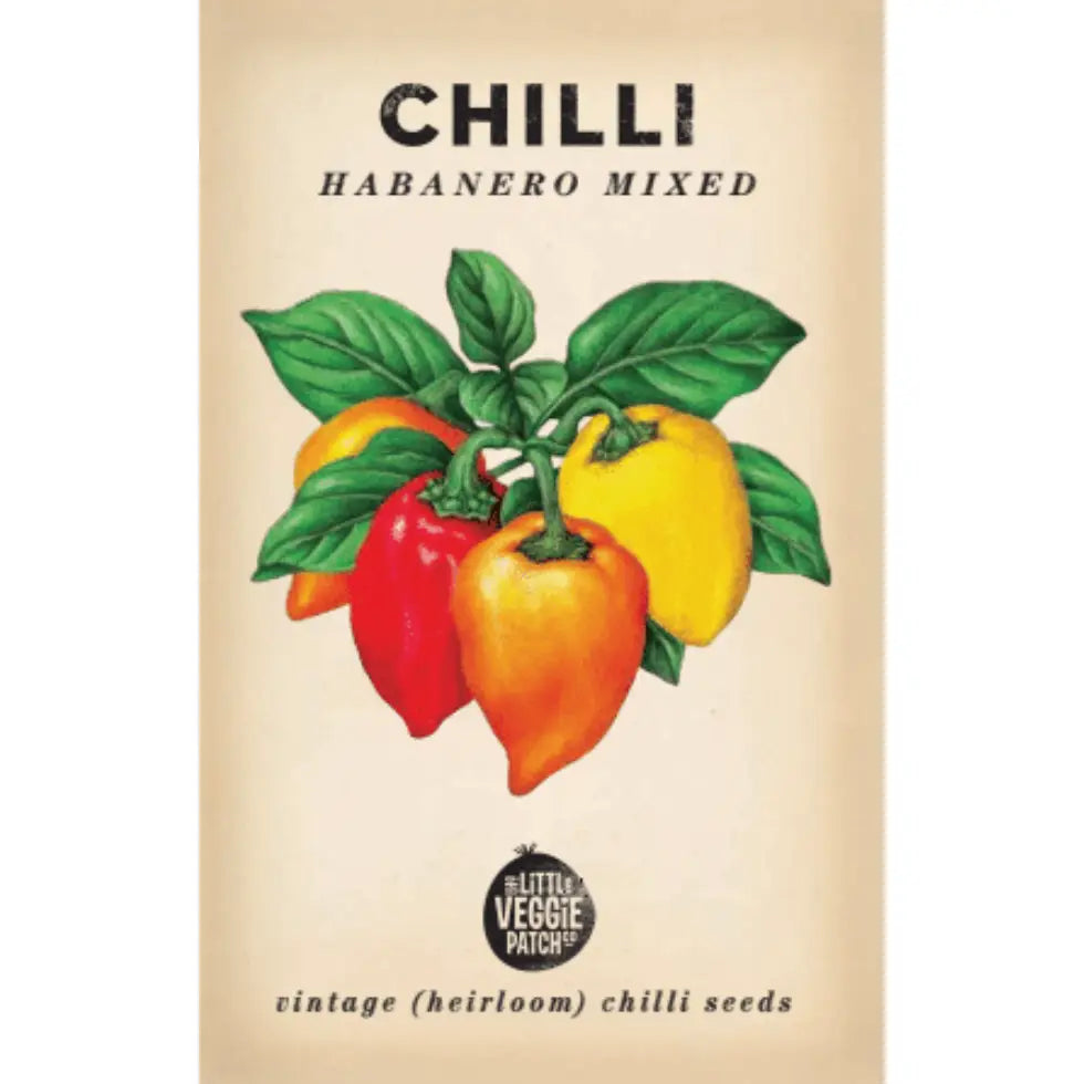 Seed packet for 'Habanero Mixed' chilli seeds with illustrations of peppers and leaves on a beige background.