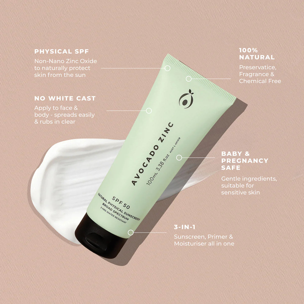 Avocado Zinc sunscreen tube with product features on a beige background. Avocado Zinc SPF 50 Natural Physical Sunscreen 100ml