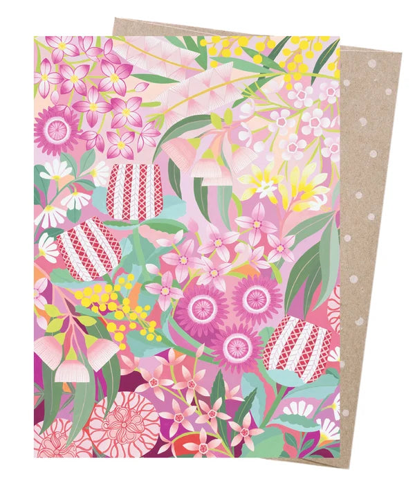 Earth Greetings Native Wonderland greeting card by Claire Ishino featuring colourful Australian native flowers with a recycled envelope