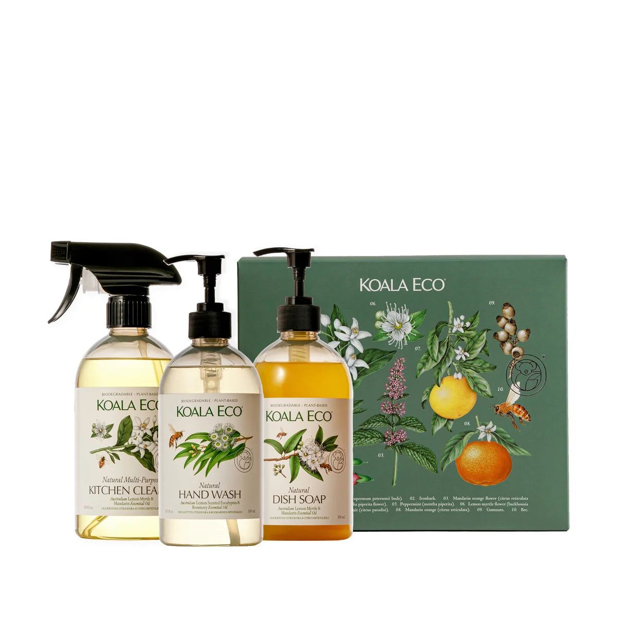 Koala Eco Nature Studies Home Gift Collection with three 500ml products and botanical gift box