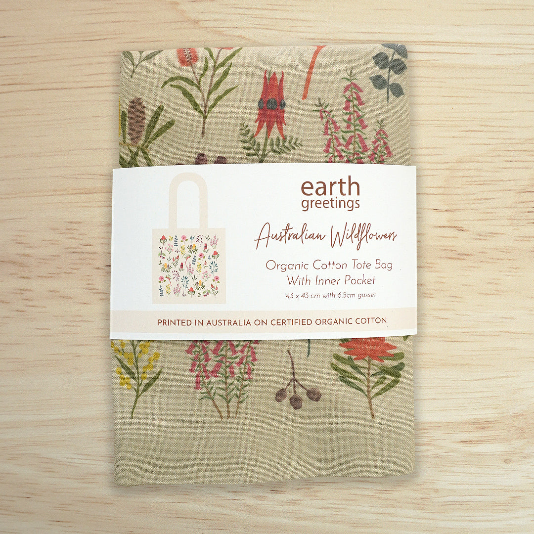 Organic Tote Bag With Pocket - Australian Wildflowers