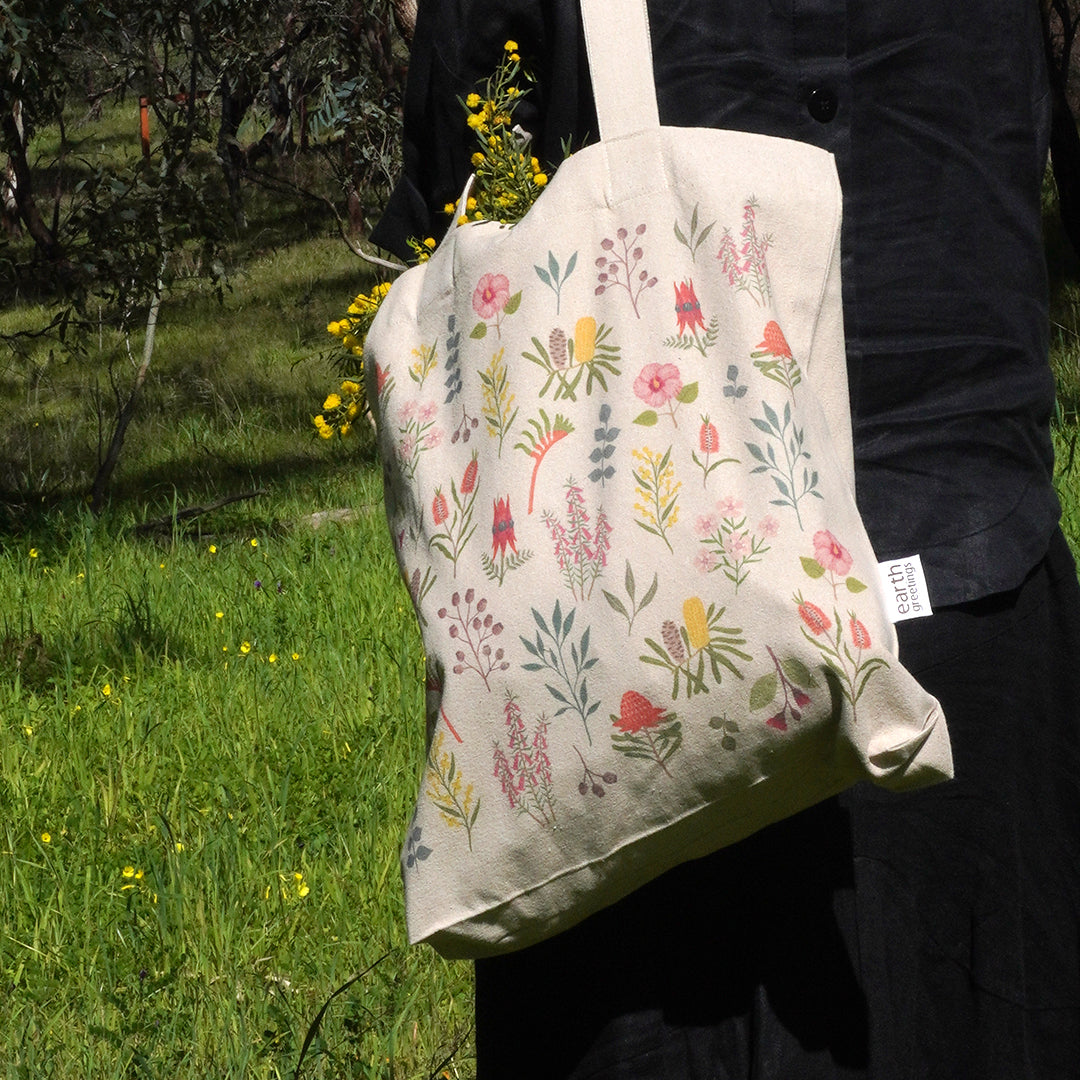 Organic Tote Bag With Pocket - Australian Wildflowers