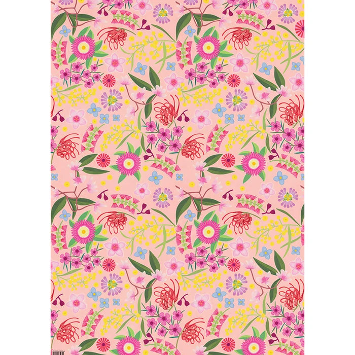 Earth Greetings Coastal Forage recycled wrapping paper featuring colourful Australian native flowers by Claire Ishino