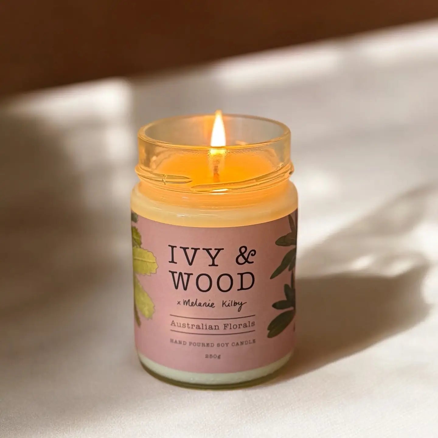 Ivy & Wood Australiana: Australian Florals Soy Candle on a neutral background