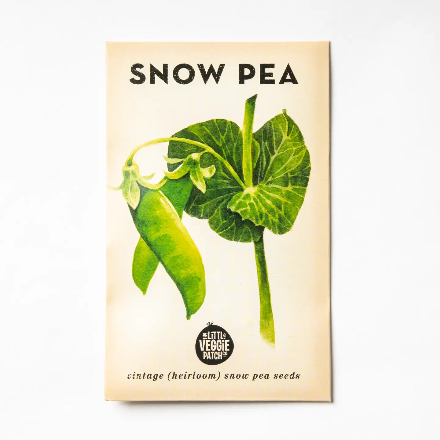 Seed packet for Snow Pea 'Oregon' Heirloom Seeds with green peas and leaves on a beige background
