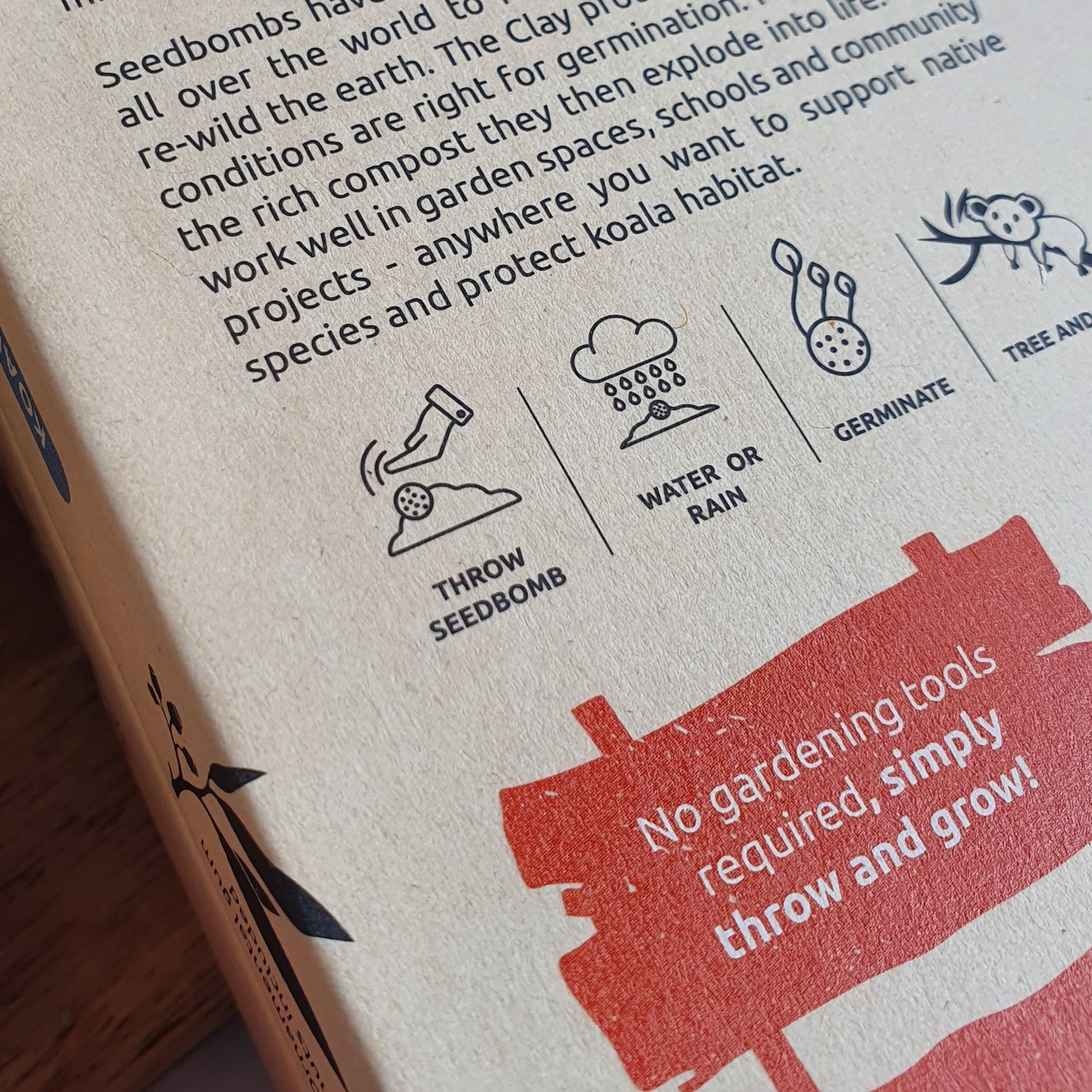 Image of the back of the koala seed collection seed bombs with diagrams showing how to use product.